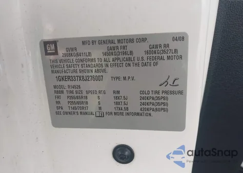 2008 GMC Acadia Slt-2 из США, поврежденный, VIN 1GKER337X8J276007